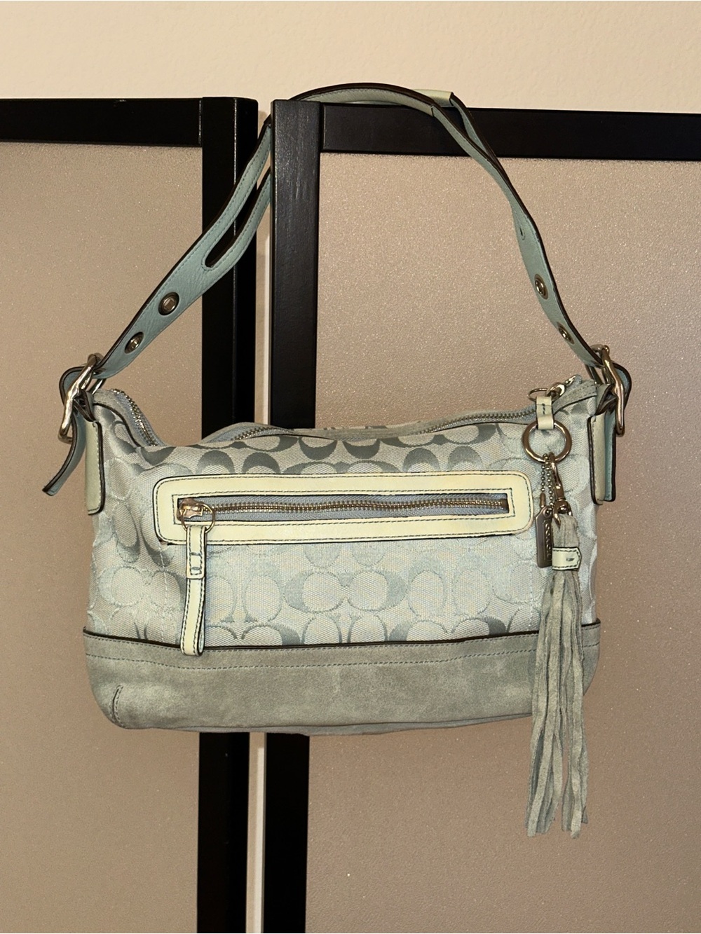 COACH 9363 Y2K VTG Ice Blue Signature Canvas Suede East West Hobo Shoulder Bag